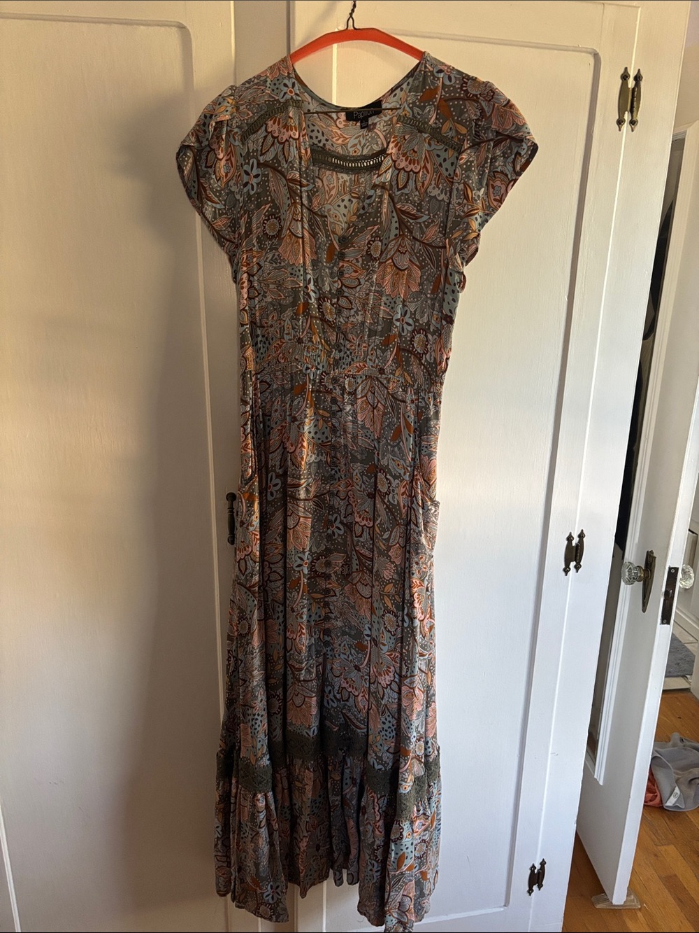 Bohemian Floral Paisley Maxi Dress in Coral and Teal